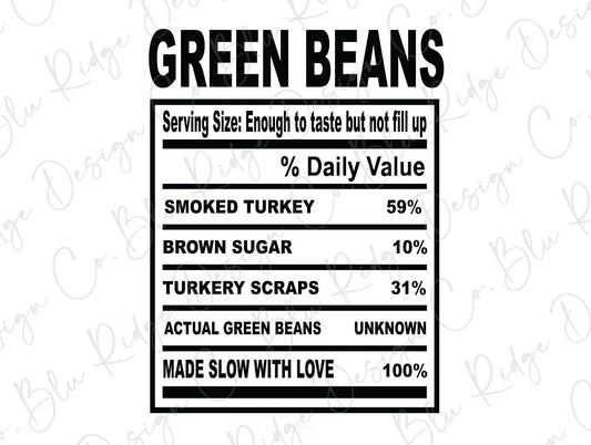 Thanksgiving Soul Food Nutrition Label Green Beans Direct to Film (DTF) Transfer BluRidgeDesignCo