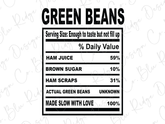 Thanksgiving Soul Food Nutrition Label Green Beans Direct to Film (DTF) Transfer BluRidgeDesignCo