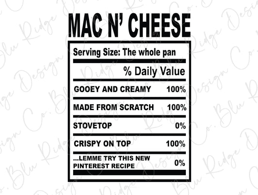 Thanksgiving Soul Food Nutrition Label Mac N Cheese Direct to Film (DTF) Transfer BluRidgeDesignCo