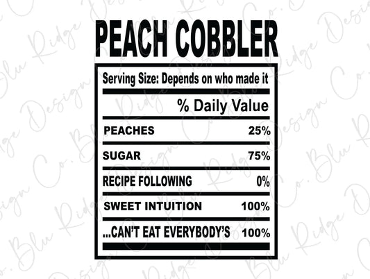 Thanksgiving Soul Food Nutrition Label Peach Cobbler Direct to Film (DTF) Transfer BluRidgeDesignCo