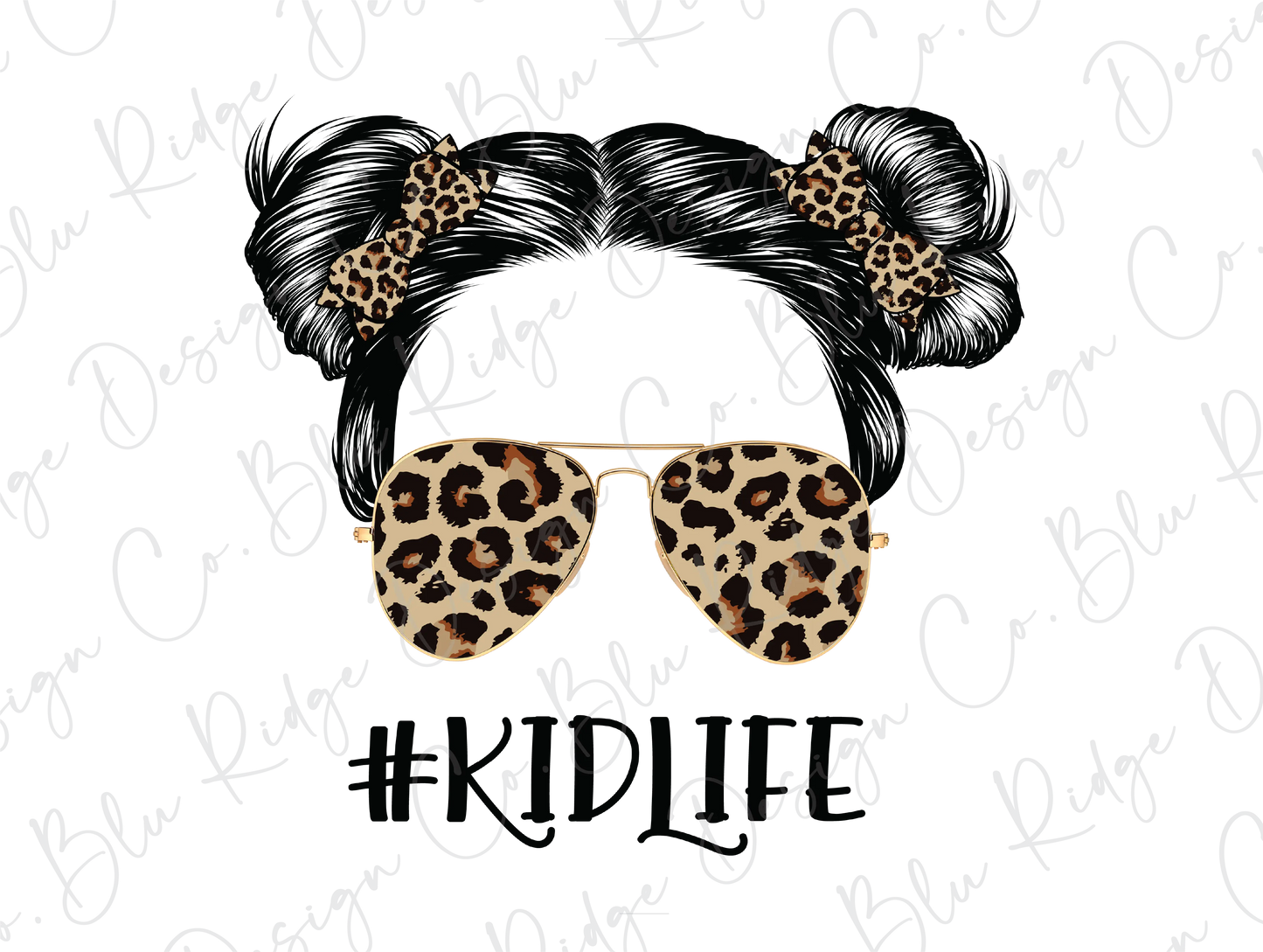 Messy Bun Kid Life Leopard Bow Sunglasses Direct to Film (DTF) Transfer BluRidgeDesignCo
