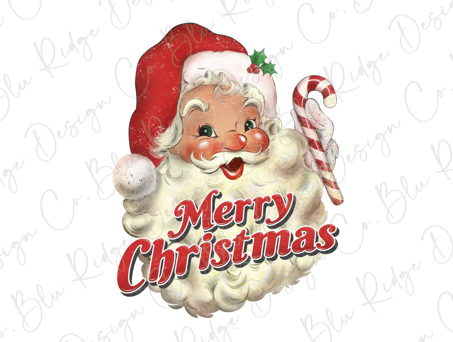 Merry Christmas Vintage Santa Red Hat with Candy Cane Direct to Film (DTF) Transfer BluRidgeDesignCo