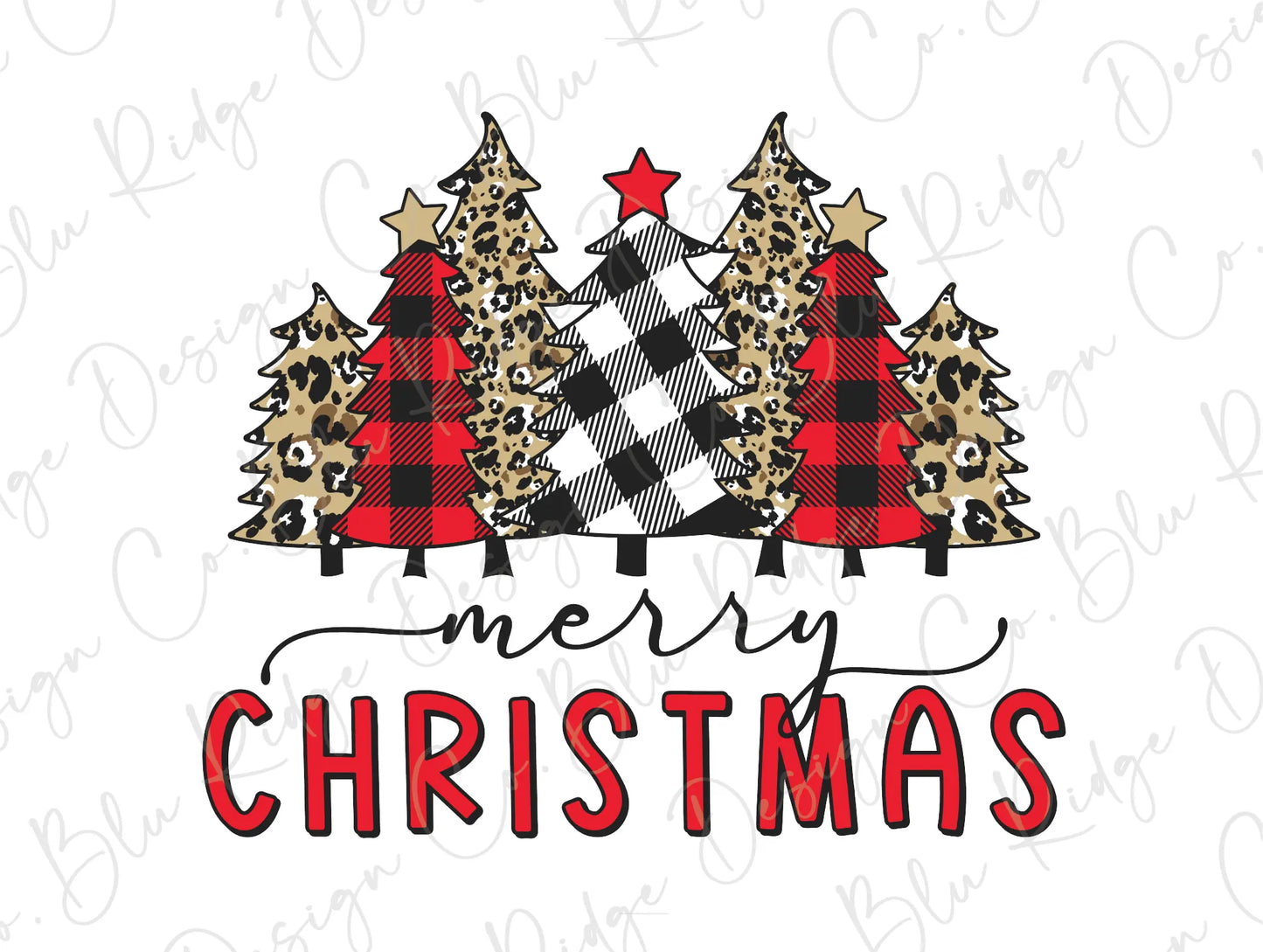 Merry Christmas Trees with Star Plaid, Leopard, Polka Dots Direct To Film (DTF) Transfer BluRidgeDesignCo