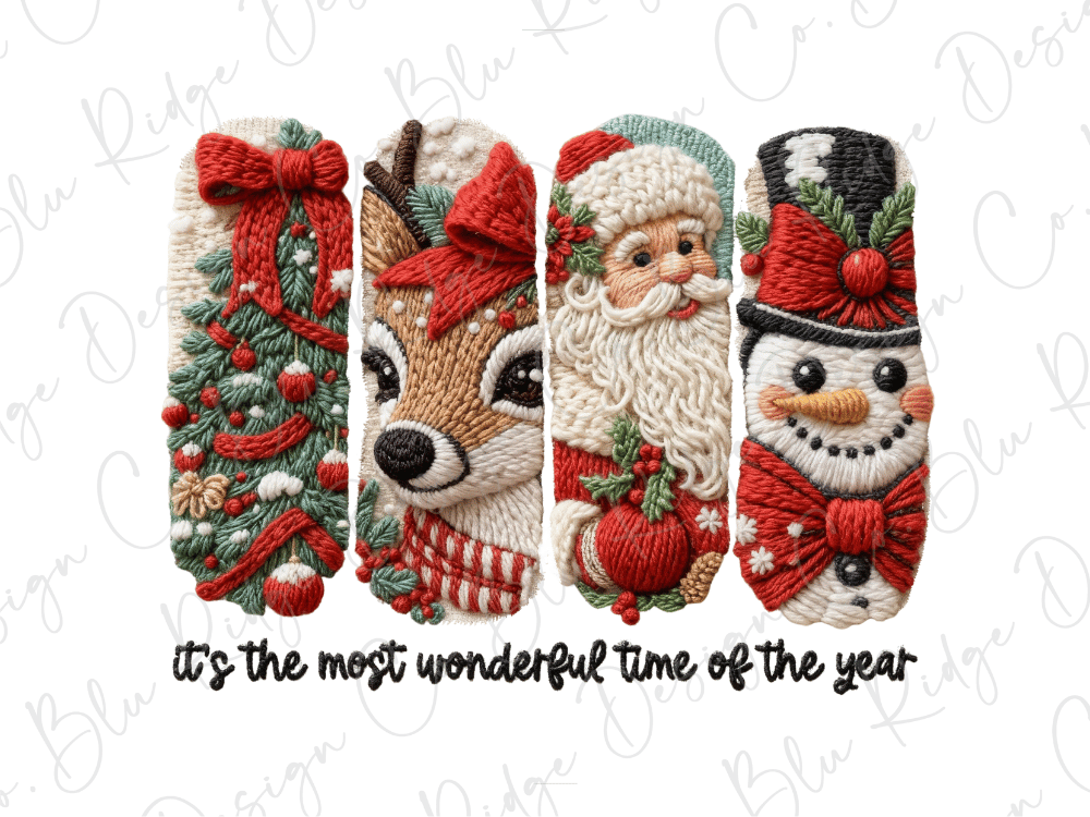 A collage of four Christmas-themed images, including Santa Claus, a reindeer, a snowman, and a deer, with the text "It's the most wonderful time of the year" below the images.