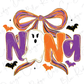 a Halloween-themed design with a ghost, a bow, and bats.