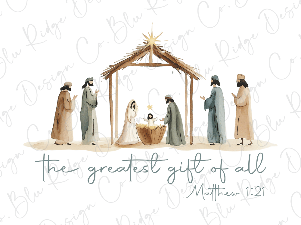 a nativity scene with a manger, a baby in the manger, and six wise men surrounding the baby. The text below the image reads "The greatest gift of all" and "Matthew 1:21".
