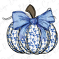 a blue and white pumpkin with a bow