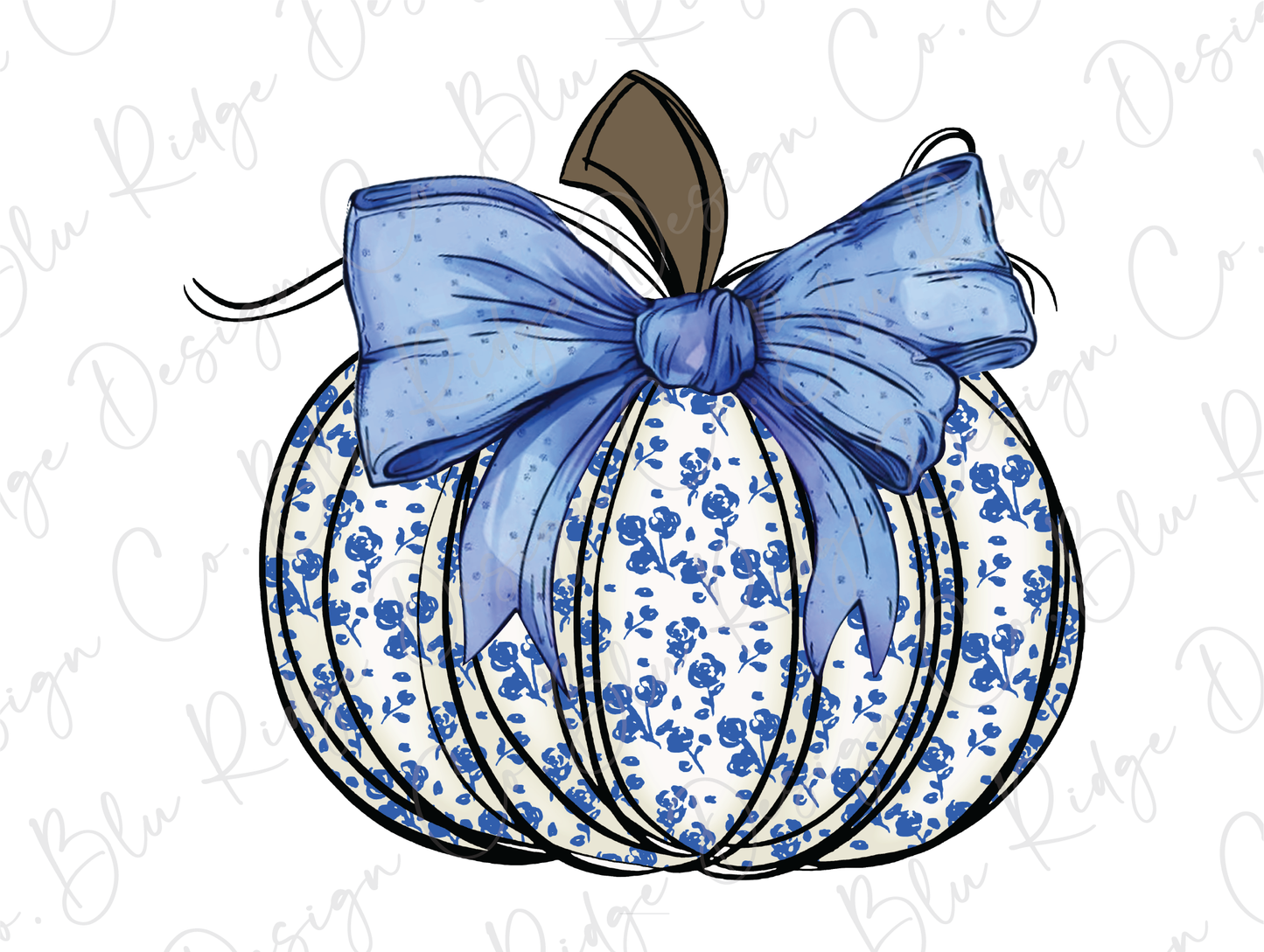 a blue and white pumpkin with a bow