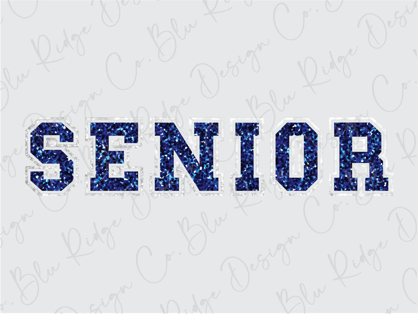 the word senior spelled in blue glitter on a white background