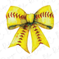 a yellow softball bow with a red stitch on it