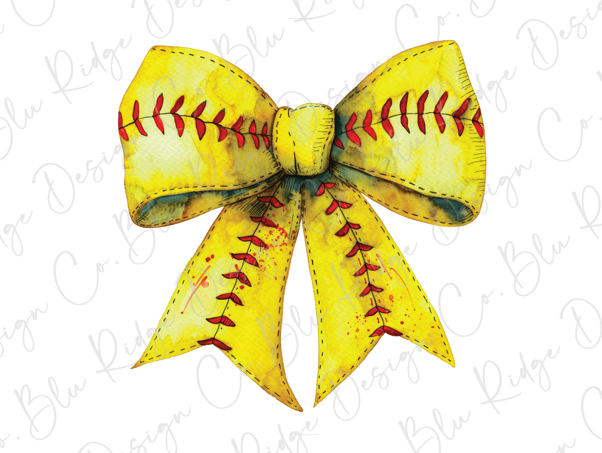 a yellow softball bow with a red stitch on it