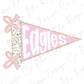 A pink triangular flag with the word "Eagles" written on it, along with two pink bows.