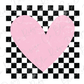 a pink heart on a black and white checkered background