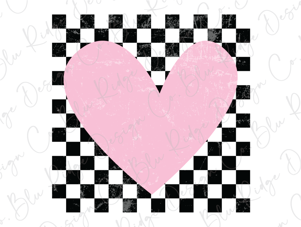 a pink heart on a black and white checkered background