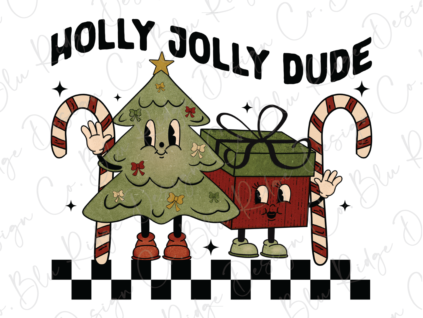 Holly Jolly Dude Christmas Tree Candy Cane Graphic T-Shirt