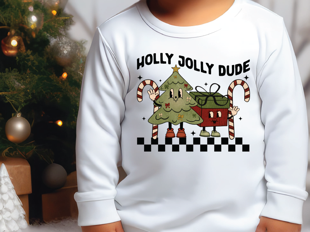 Holly Jolly Dude Christmas Tree Candy Cane Graphic T-Shirt