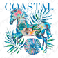 a colorful illustration of a horse surrounded by tropical plants and flowers, with the text "COASTAL CONQUER" prominently displayed.