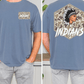 a man wearing a blue t-shirt with a graphic design on the back. The design features a Native American headdress and the word "INDIANS" written below it.