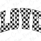 a black and white checkered love sign