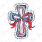 a cross with a red, white and blue bow