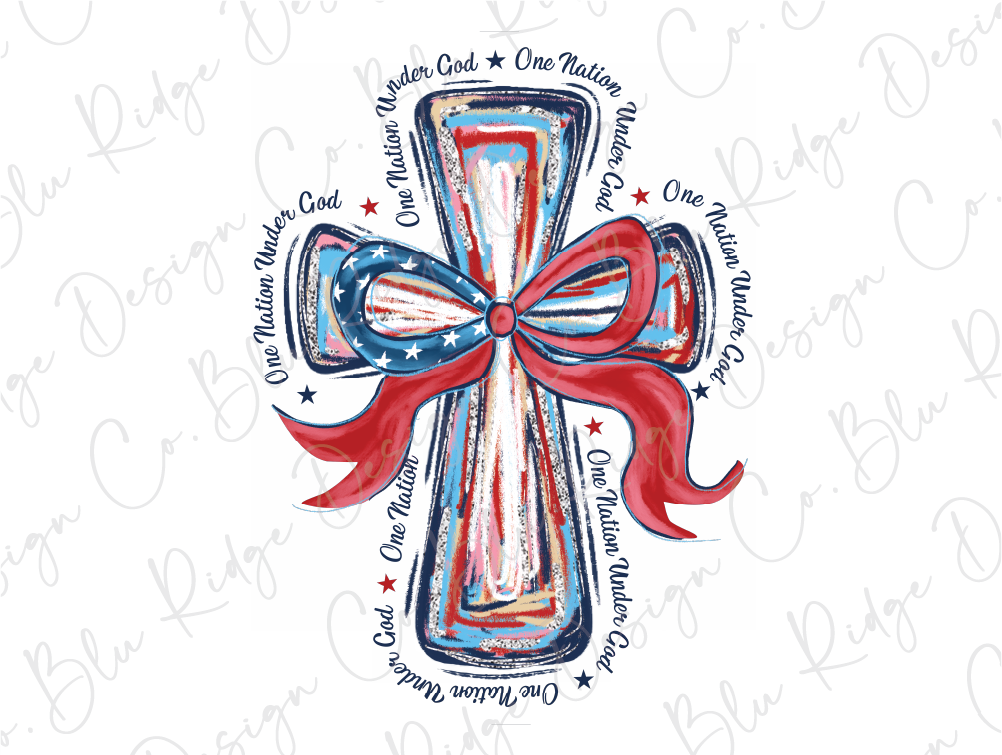 a cross with a red, white and blue bow