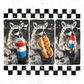 A collage of three images featuring raccoons holding various objects, including a hot dog, a drink, and a popsicle.