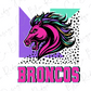 a stylized illustration of a horse's head with a pink and purple color scheme, along with the word "BRONCO" written in large pink letters.