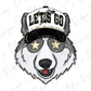 A stylized illustration of a bear wearing a hat with the text "LET'S GO" and sunglasses with stars.