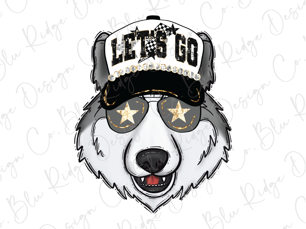 A stylized illustration of a bear wearing a hat with the text "LET'S GO" and sunglasses with stars.