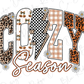 The image is a stylized text that reads "COZY Season" with various decorative elements such as leopard print, checkered patterns, and flowers.