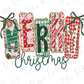 a festive and colorful arrangement of the word "MERRY" in a decorative font, with the word "Christmas" written below it. The letters are made up of various shapes and patterns, including candy canes, bows, and other holiday-themed elements, creating a cheerful and celebratory design.