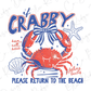 a red crab with a bow, surrounded by seashells and a starfish, along with the text "Please return to the beach" in a stylized font.