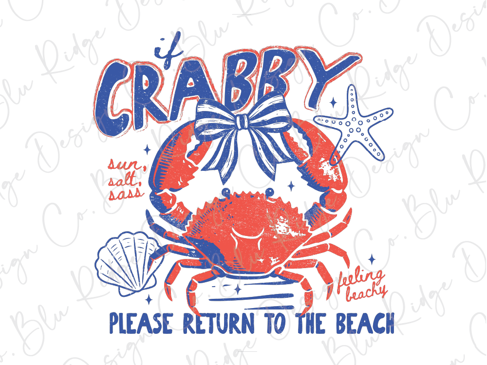 a red crab with a bow, surrounded by seashells and a starfish, along with the text "Please return to the beach" in a stylized font.