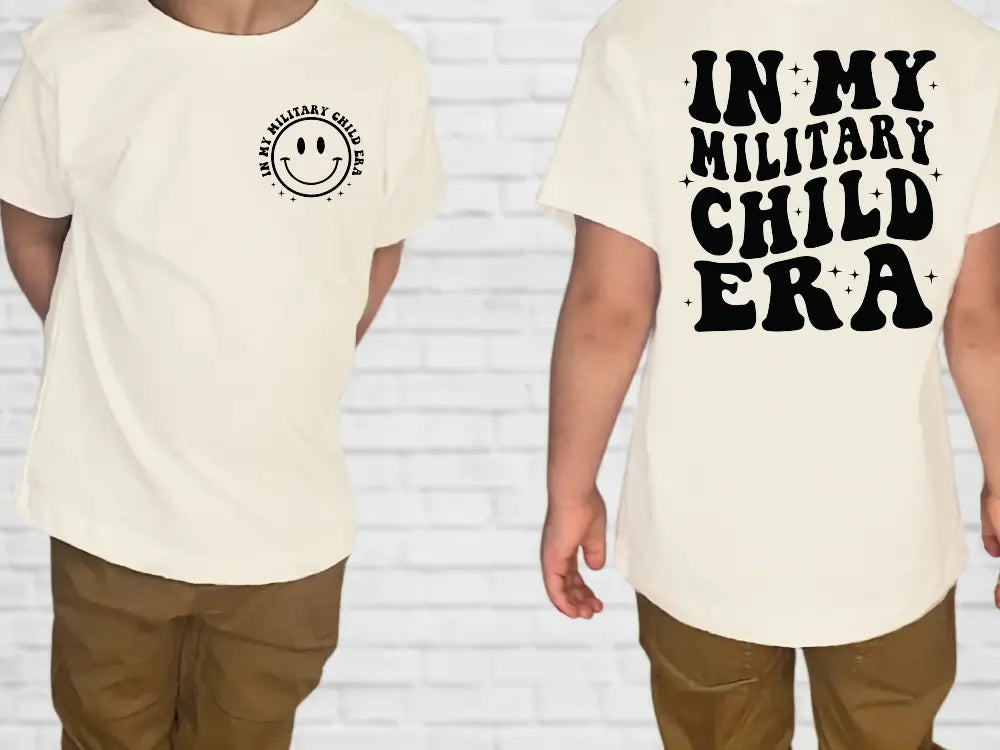 a man wearing a t - shirt that says in my military child era