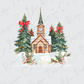 a watercolor painting of a church in the snow