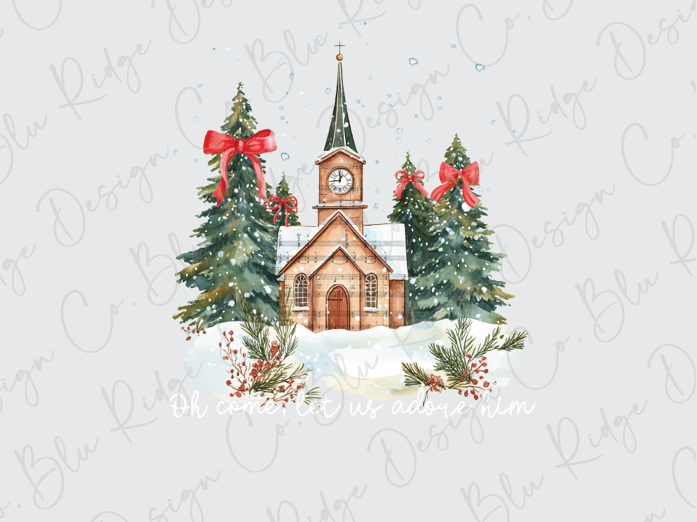 a watercolor painting of a church in the snow