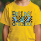 a young boy wearing a yellow shirt that says first day of school
