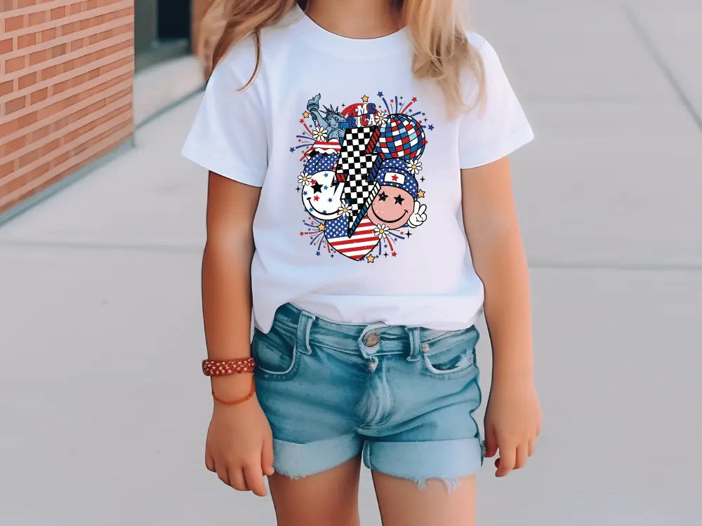 a little girl standing on a sidewalk wearing a t - shirt with a picture of