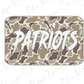 A camouflage-patterned rectangular shape with the word "Patriots" written in a bold, white font.
