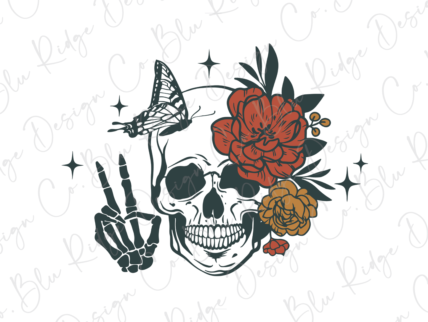 a skull with flowers and a butterfly on it