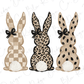 Three stylized bunny illustrations, each with a unique pattern and color scheme, are arranged in a row.