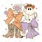 The image is a whimsical illustration featuring a ghost, cowboy boots, a bow, and flowers, all set against a starry background.