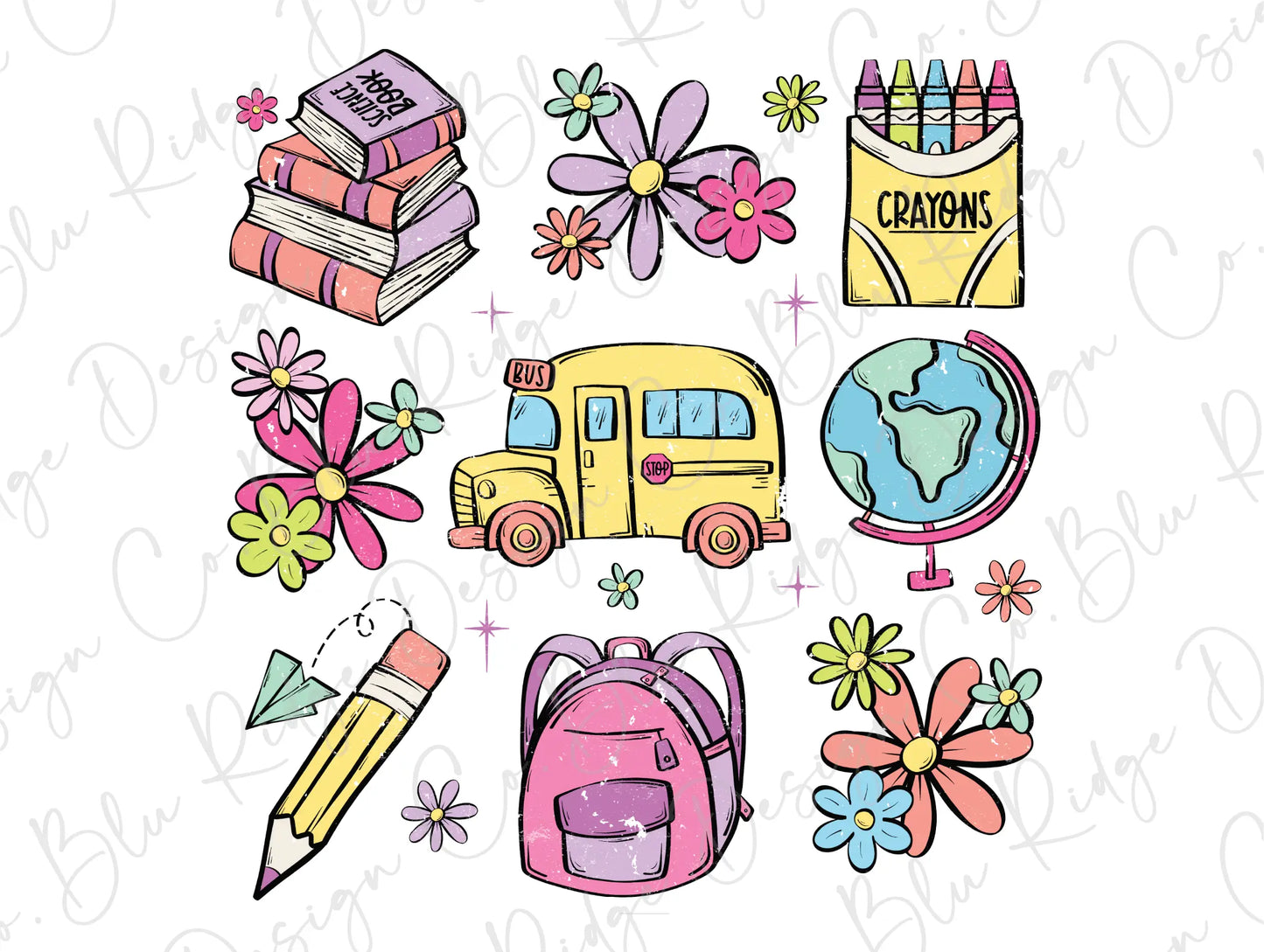 a drawing of school supplies and flowers