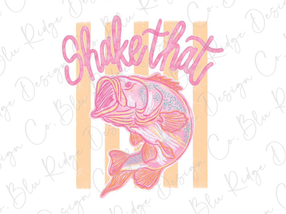 a large, colorful fish with a pink and orange color scheme, accompanied by the text "Shake that" written in a stylized font.