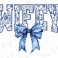 a decorative blue ribbon tied into a bow shape, with the word "WIFEY" written in a floral pattern above it.