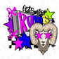 A stylized graphic design featuring a ram's head with pink sunglasses, surrounded by colorful and abstract elements such as stars, lines, and text.