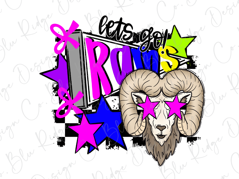 A stylized graphic design featuring a ram's head with pink sunglasses, surrounded by colorful and abstract elements such as stars, lines, and text.