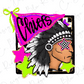 a stylized illustration of a Native American headdress with a star-shaped eye patch, surrounded by colorful stars and a pink and green flag with the word "Chiefs" written on it.