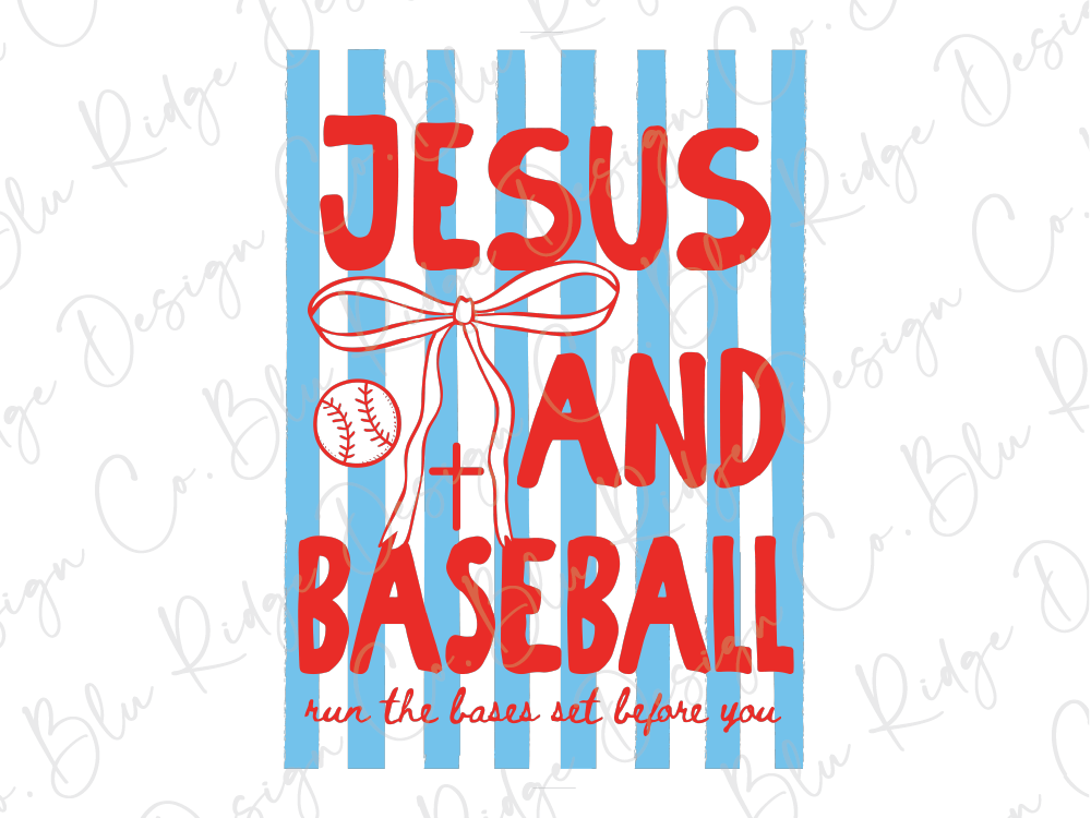 a graphic design with the text "JESUS + BASEBALL run the bases set before you" prominently displayed.