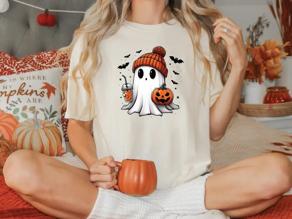 a woman sitting on a bed holding a pumpkin